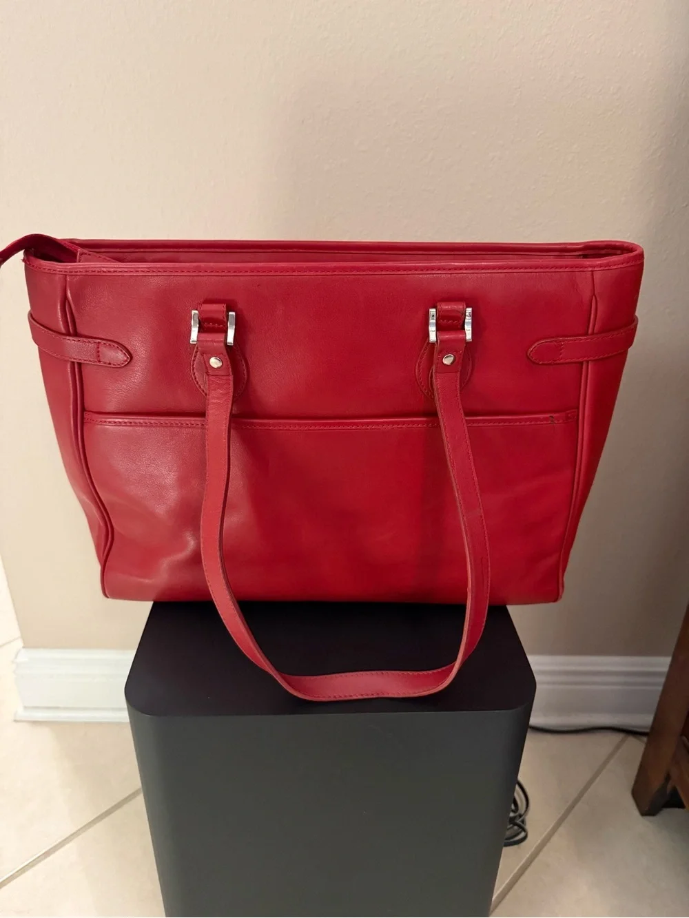 Women’s Red Leather Tote with Belt Accent, pockets and laptop slot